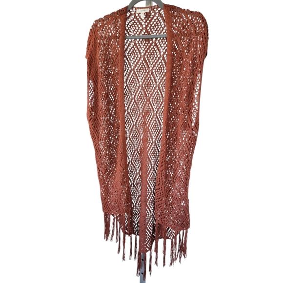 Maurices S Fringe Crochet Knit Duster Boho Gypsy Cardigan Vest Rust Orange - Picture 5 of 12
